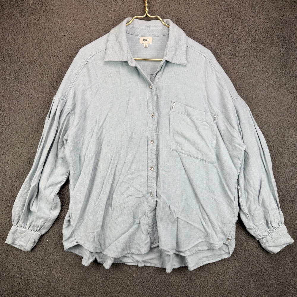 BKE Womens Small Blue Textured Button Up Long‎ Sleeve Oversized Gauze Shirt